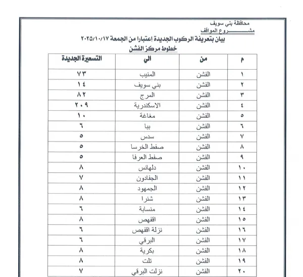 تعريفة الركوب ببنى سويف 