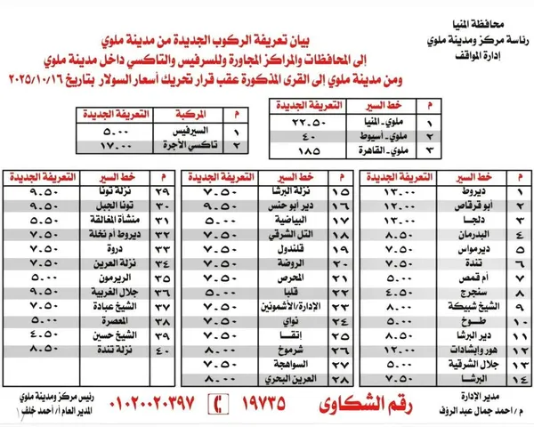 تعريفة الركوب بملوي المنيا