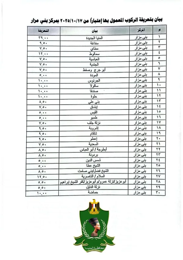 تعريفة الركوب في المنيا