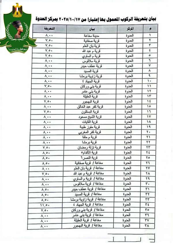 تعريفة الركوب في المنيا