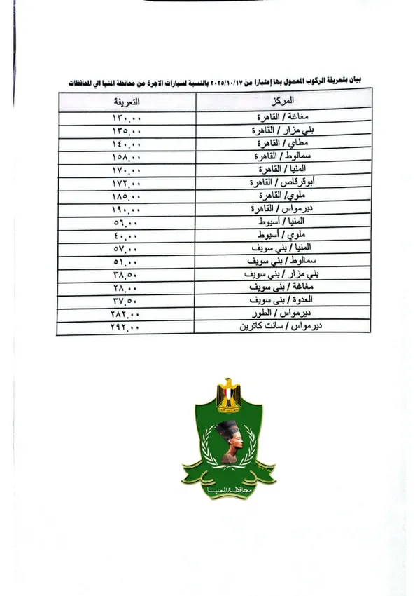 تعريفة الركوب في المنيا