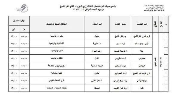 جدول المناطق المتأثرة بانقطاع الكهرباء 