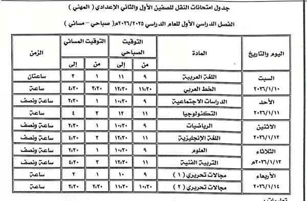 جدول امتحانات الفصل الدراسي الأول بكفر الشيخ 
