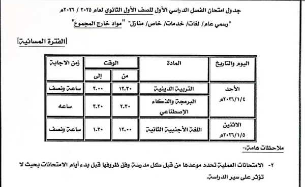 جدول امتحانات الفصل الدراسي الأول بكفر الشيخ 