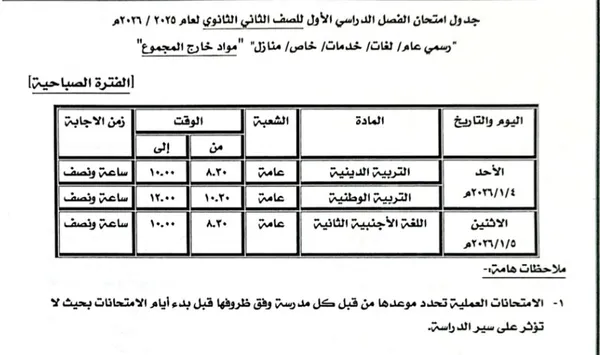 جدول امتحانات الفصل الدراسي الأول بكفر الشيخ 