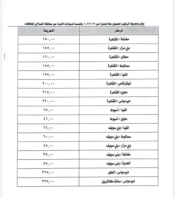 تعريفة الركوب الجديدة في المنيا