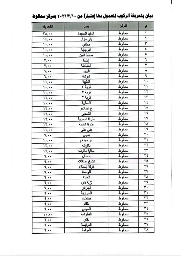 تعريفة الركوب الجديدة في المنيا