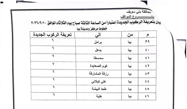 تعريفة الركوب ببنى سويف 