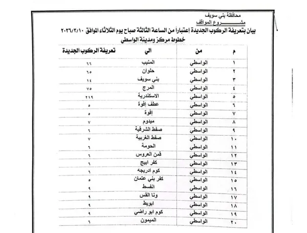 تعريفة الركوب ببنى سويف 