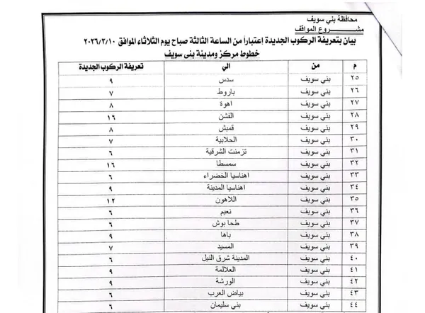 تعريفة الركوب ببنى سويف 