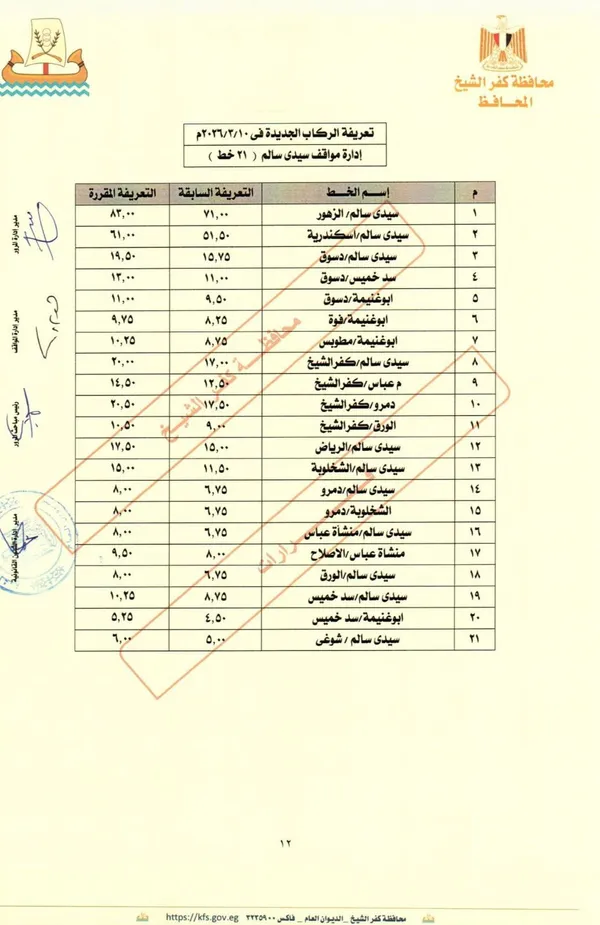 تعريفة نقل الركاب بكفر الشيخ 