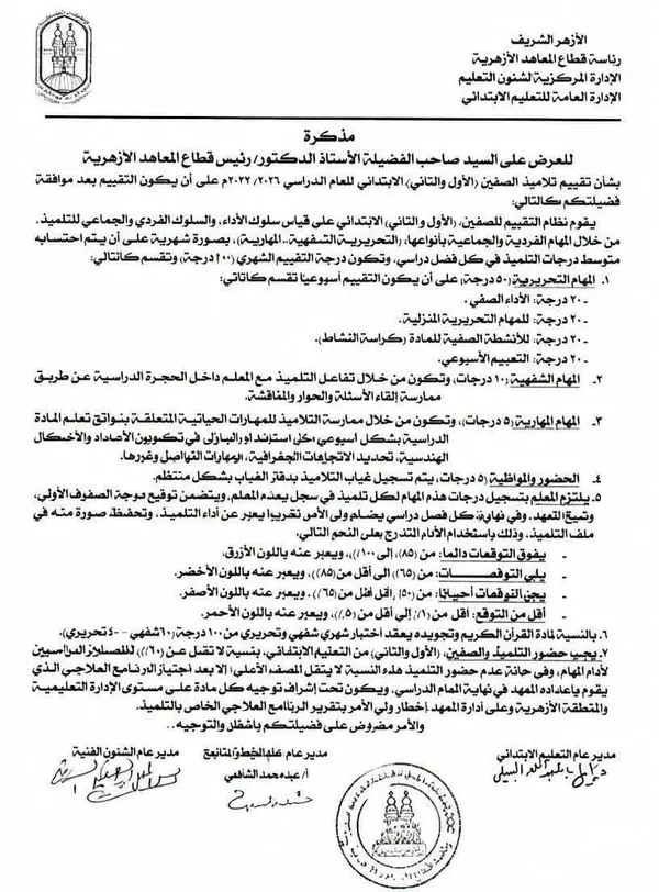 نظام تقييم أولى وثانية ابتدائي أزهري 